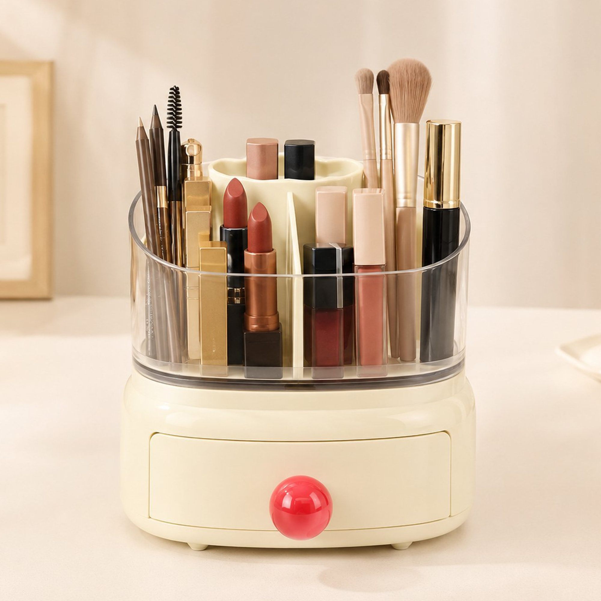 Organizador de maquillaje color crema con cúpula y cajón