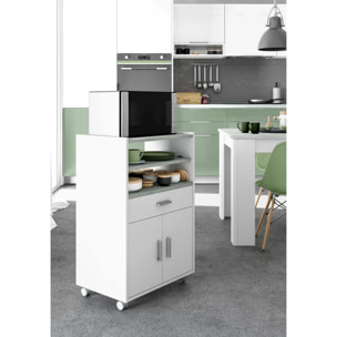 Carrello Scottsdale, Mobile ausiliare per cucina con ruote, Armadio multiuso con 2 ante e 1 ripiano, cm 59x40h92, Bianco