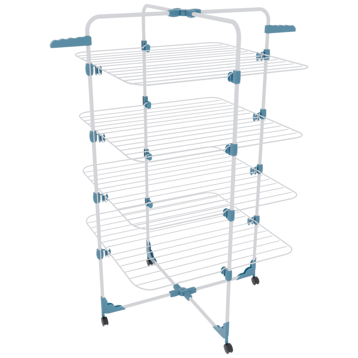 Stendibiancheria Da Pavimento Con Rotelle Stendino A Torre Verticale In Acciaio 4 Ripiani 2 Appendi Grucce Pieghevole 168.5x71x71 Cm Bianco Blu