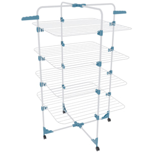 Stendibiancheria Da Pavimento Con Rotelle Stendino A Torre Verticale In Acciaio 4 Ripiani 2 Appendi Grucce Pieghevole 168.5x71x71 Cm Bianco Blu