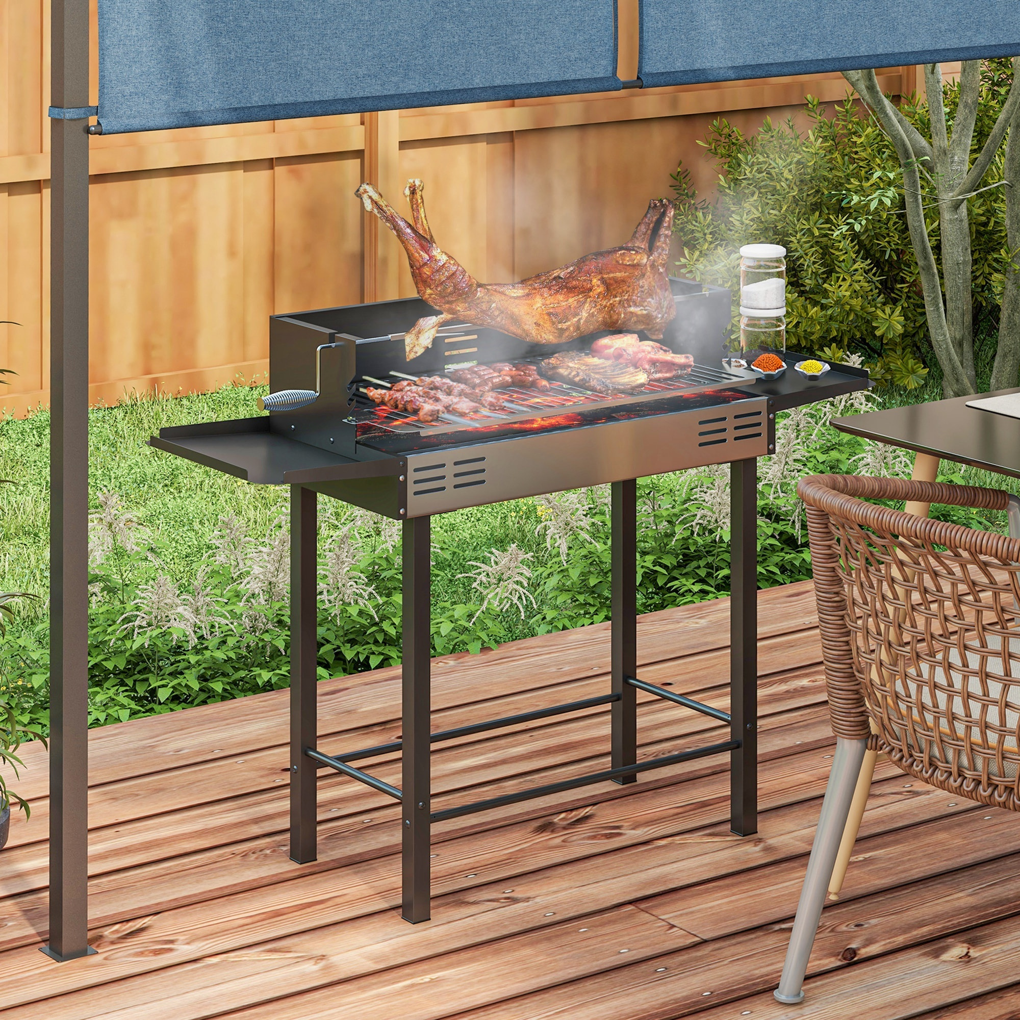 Barbacoa de Carbón Barbacoa Portátil 118x32x90 cm con Pincho Giratorio Ajustable en Altura de 3 Niveles Parrilla Plegables y Paravientos para Pícnic Camping Negro