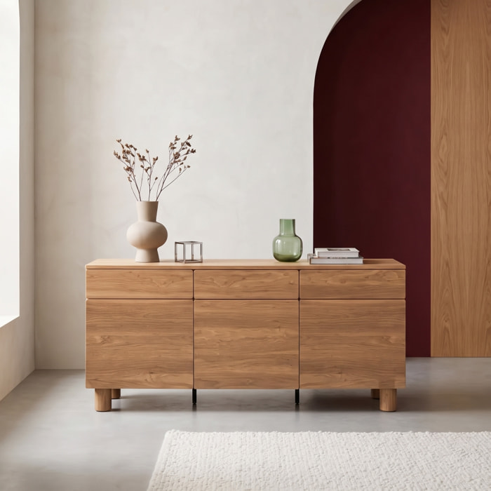 Buffet décor bois 3 tiroirs 3 portes 160cm AYANA
