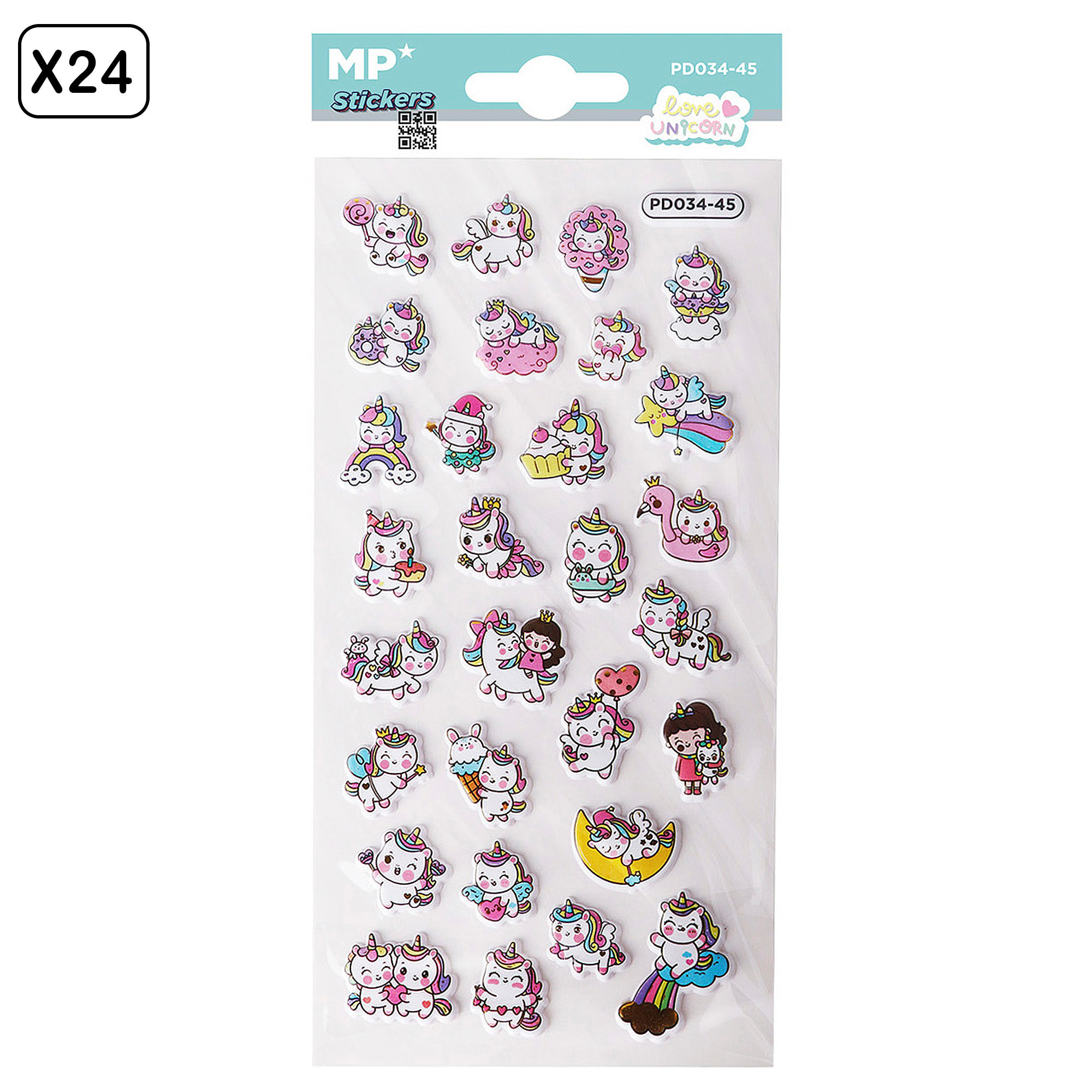 PACK 24 Uds. PEGATINAS STICKERS RELIEVE DISEÑO UNICORNIO