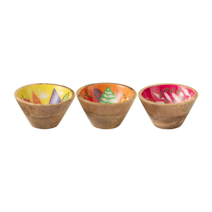 J-Line Bol Motif Floral Bois De Manguier Rose/Orange/Jaune Extra Small Assortiment De 3
