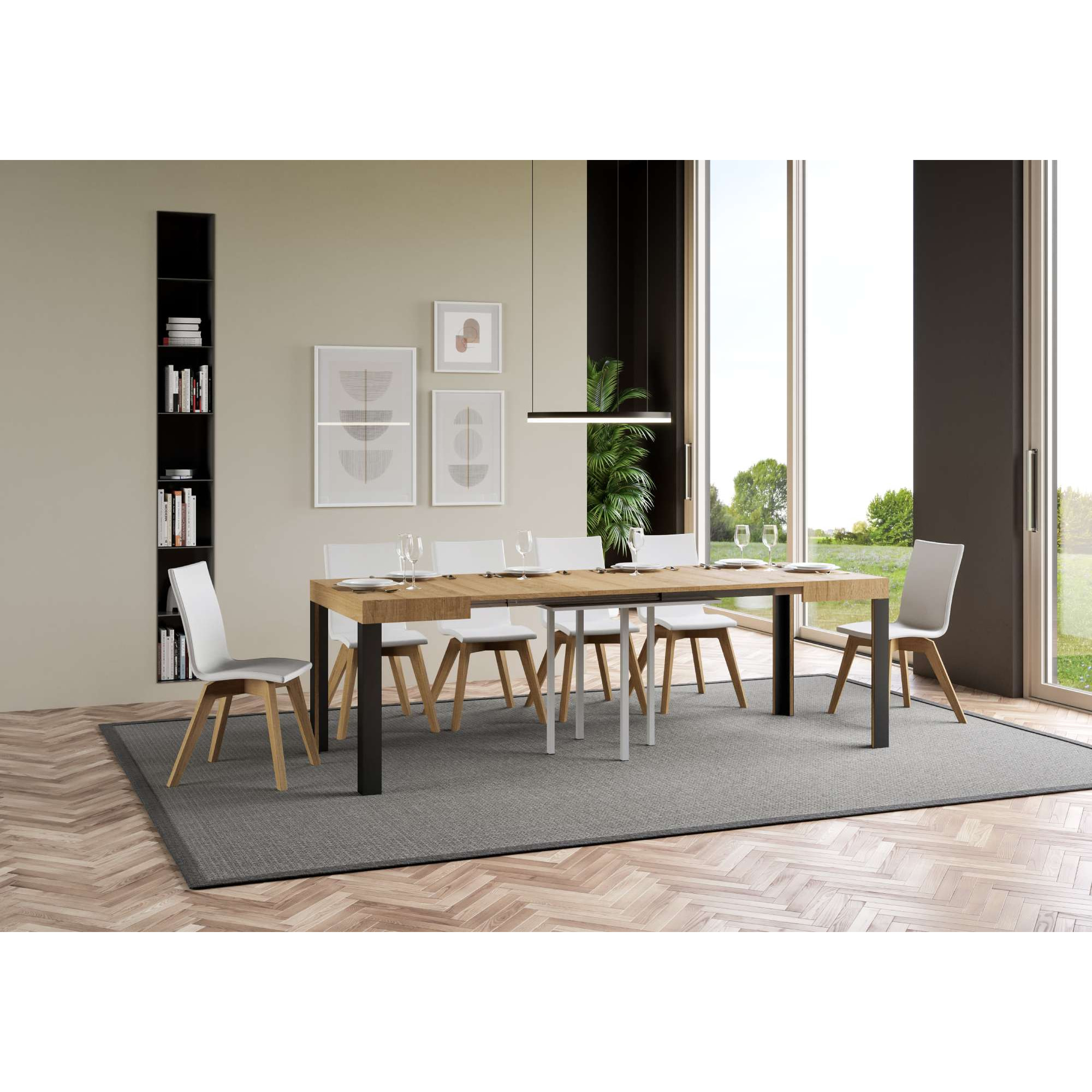 Mesa extensible 90x90/246 cm Linea Roble Natural estructura Antracita