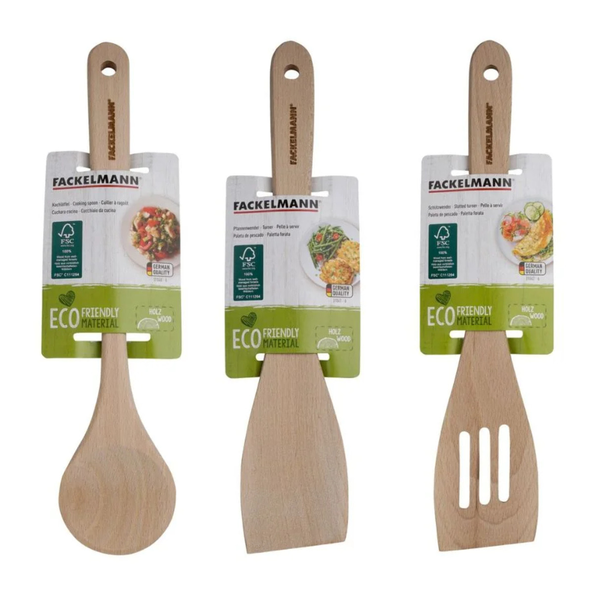 Lot de 3 ustensiles de cuisine en bois dont 2 spatules et une cuillère Fackelmann Nature