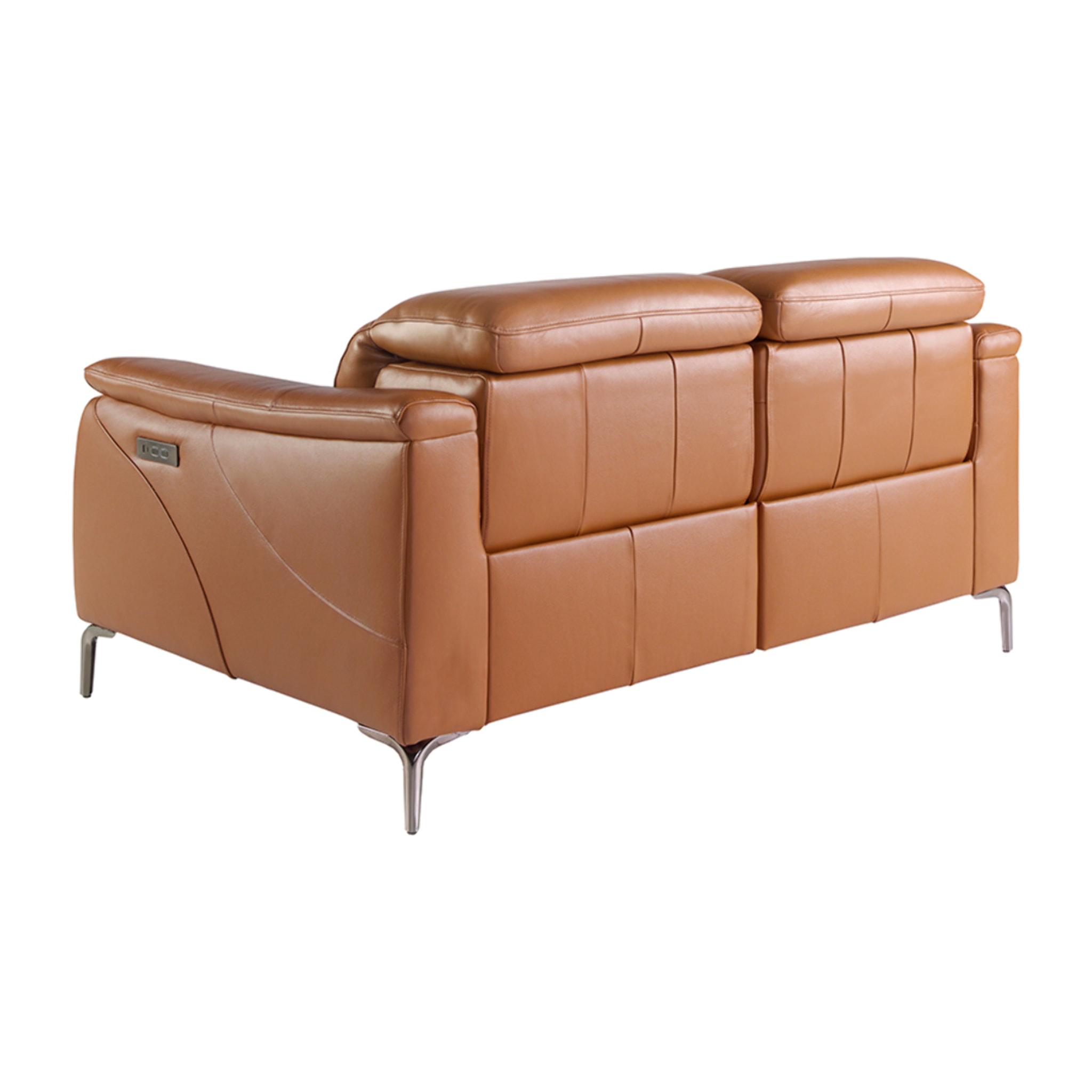 Sofá relax de 2 plazas tapizado en piel de origen vacuno en marrón con reposacabezas patas de acero inoxidable cromado oscuro 2 sistemas de relax eléctrico 154x108x77cm