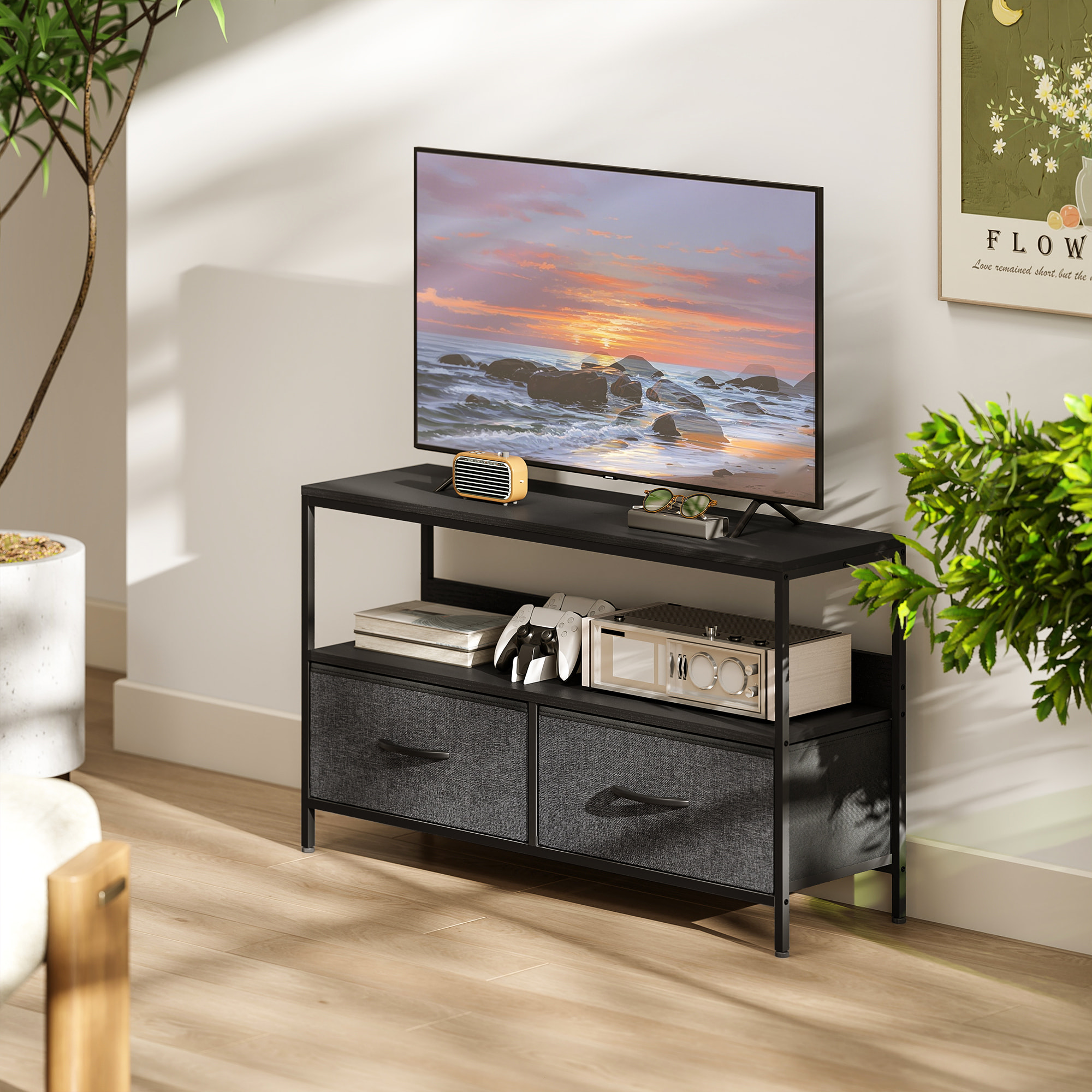 Meuble TV bas sur pieds style industriel 2 tiroirs tissu gris acier MDF noir