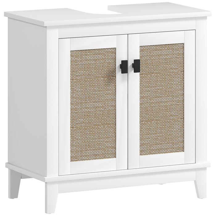 Mueble para Debajo del Lavabo Armario de Baño con Pie con 2 Puertas de Ratán PE 2 Estantes y Sistema Antivuelco para Cuarto Baño 60x30x60 cm Blanco