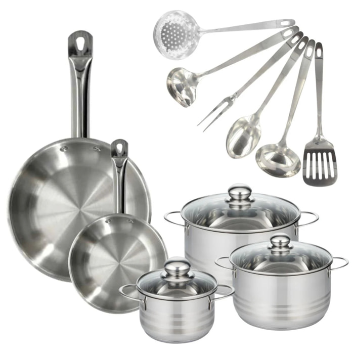 Set 2 poêles 20 et 28 cm en inox, 3 faitouts inox 16, 20 et 24 cm et 6 ustensiles inox Fackelmann Eterna
