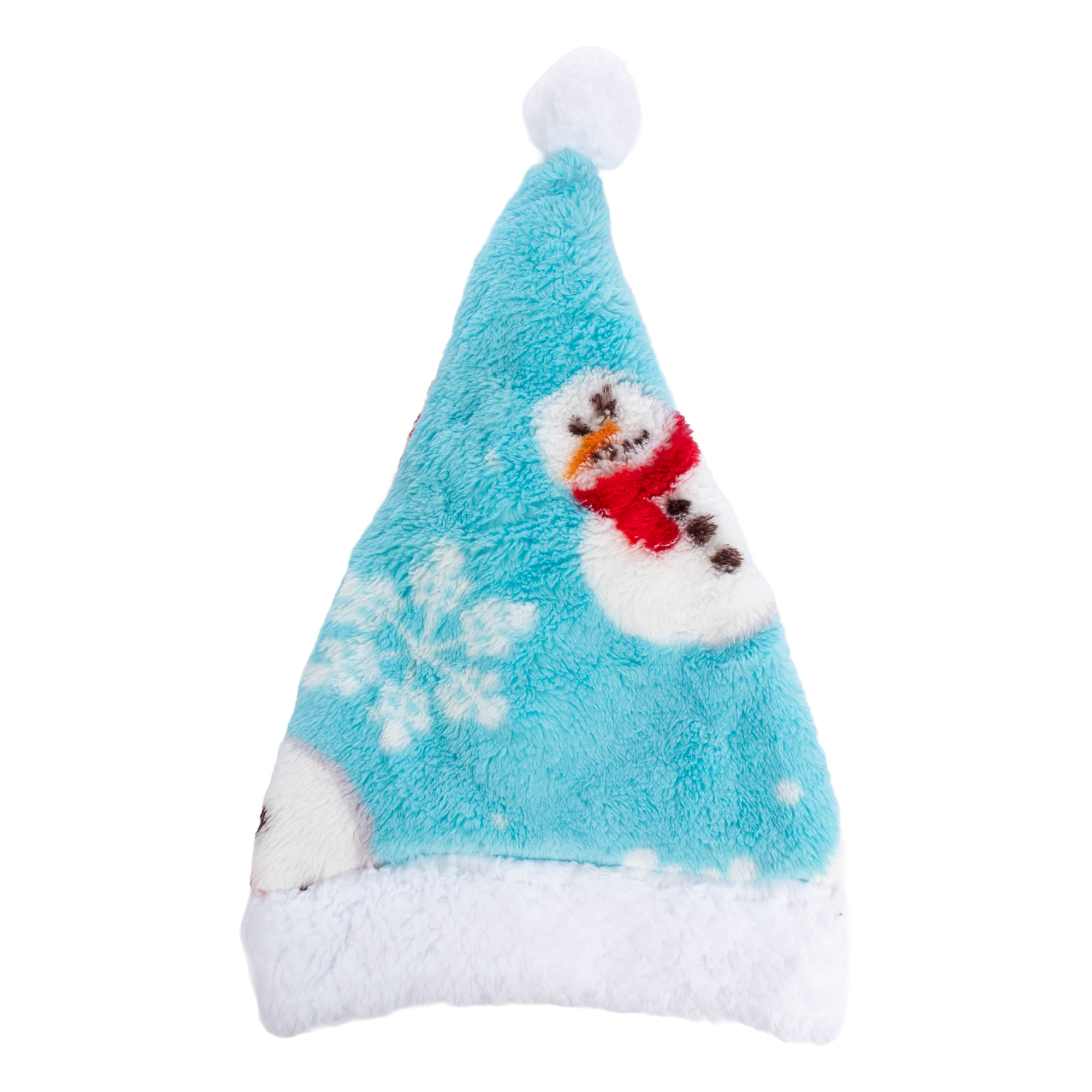 Cappello in peluche extra soft. Design blu con pupazzo di neve. 31x48 cm.