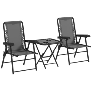 Conjunto de Mesa y Sillas de Terraza Exterior de 3 Piezas Muebles de Jardín Exterior Plegables con Estructura de Acero y Portavasos para Patio Gris Oscuro