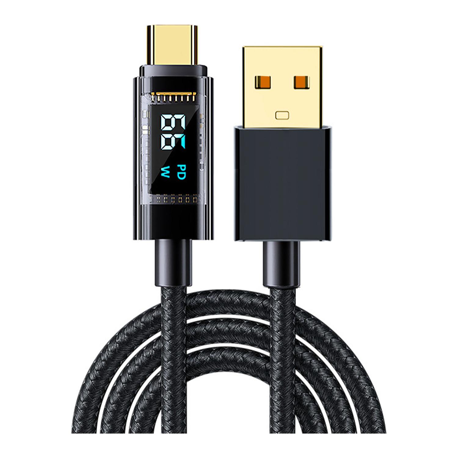 Cable USB 2.0 a USB-C de 66W/6A, carga rápida, pantalla digital, 2 metros.