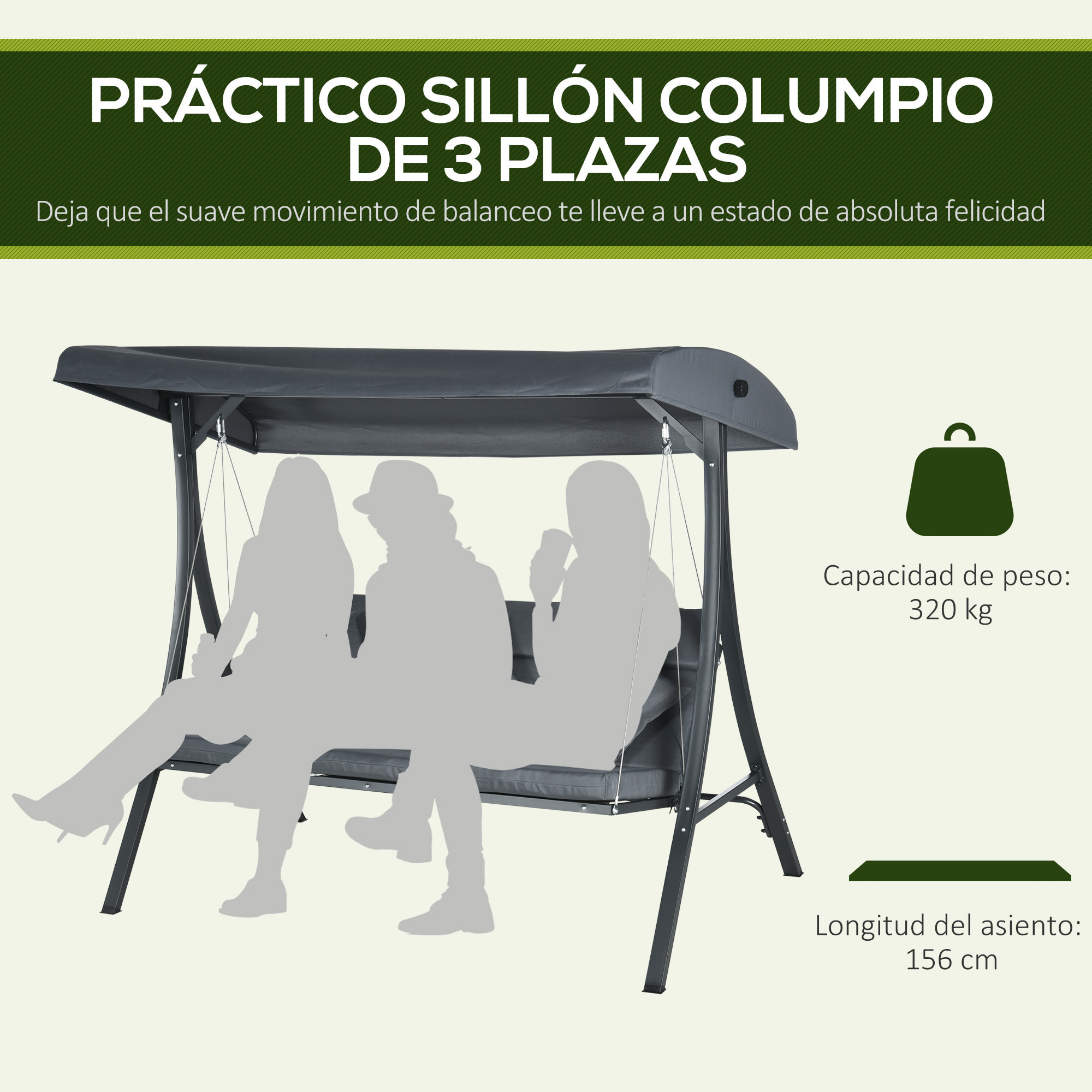 Columpio de Jardín Exterior de 3 Plazas, Balancín de Jardín Exterior con Techo Ajustable Cojines, Almohadas y Estructura de Acero, para Terraza, Patio, Carga 320 kg, 202x115x168 cm, Gris