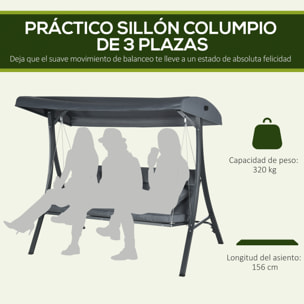 Columpio de Jardín Exterior de 3 Plazas, Balancín de Jardín Exterior con Techo Ajustable Cojines, Almohadas y Estructura de Acero, para Terraza, Patio, Carga 320 kg, 202x115x168 cm, Gris