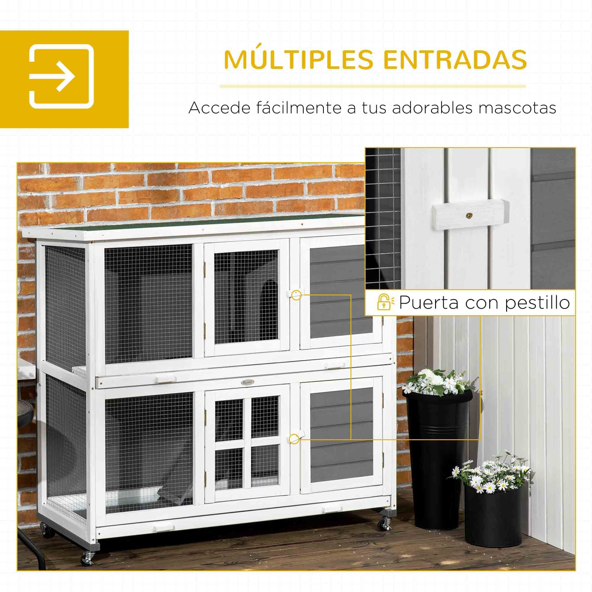 Conejera de Madera de 2 Niveles Jaula para Conejos con Ruedas 2 Puertas Techo Abatible y 2 Bandejas Extraíbles Conejera para Interior y Exterior 119x50,5x109 cm Blanco y Gris