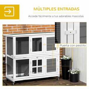 Conejera de Madera de 2 Niveles Jaula para Conejos con Ruedas 2 Puertas Techo Abatible y 2 Bandejas Extraíbles Conejera para Interior y Exterior 119x50,5x109 cm Blanco y Gris