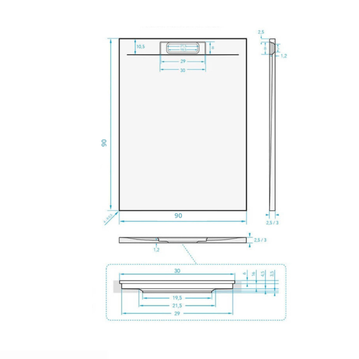 Fusion Receveur de douche 90x90cm en marbre coulé avec siphon, Gris (SATFU9090GRP-S)