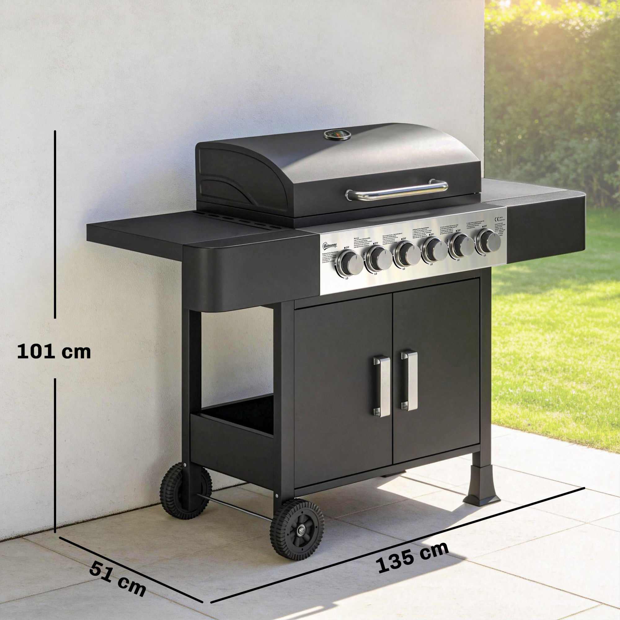 Barbacoa de Gas BBQ Gas con 6 Quemadores 15 kW Barbacoa Portátil con Termómetro Tapa 2 Mesas Laterales Armario Rejilla Calentadora Parrilla Recogedor Grasa Asa 2 Ruedas Negro