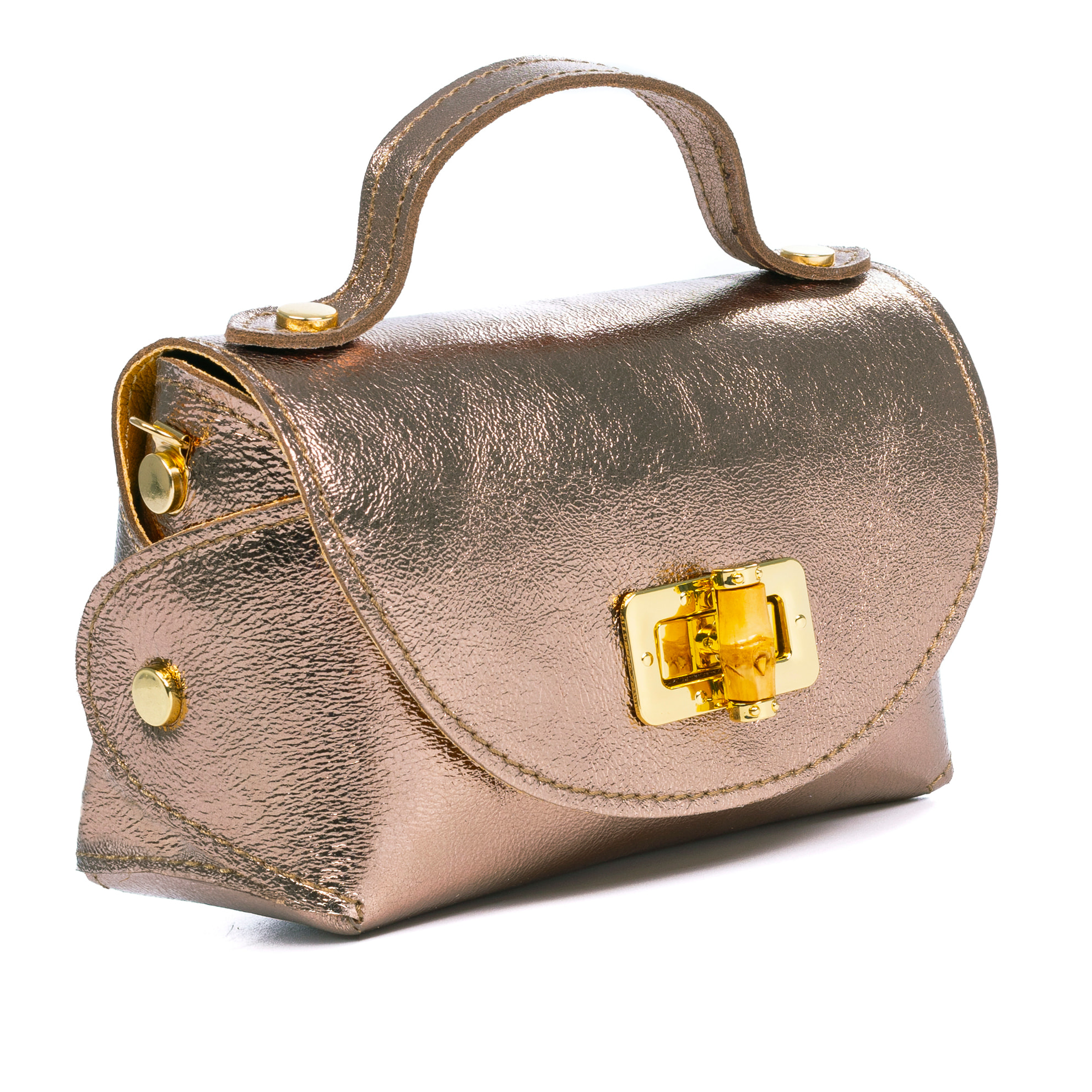 Arzano bolso bandolera en piel auténtica Gamuza Lacada brillante con correa de metal. Cierre exclusivo de madera.