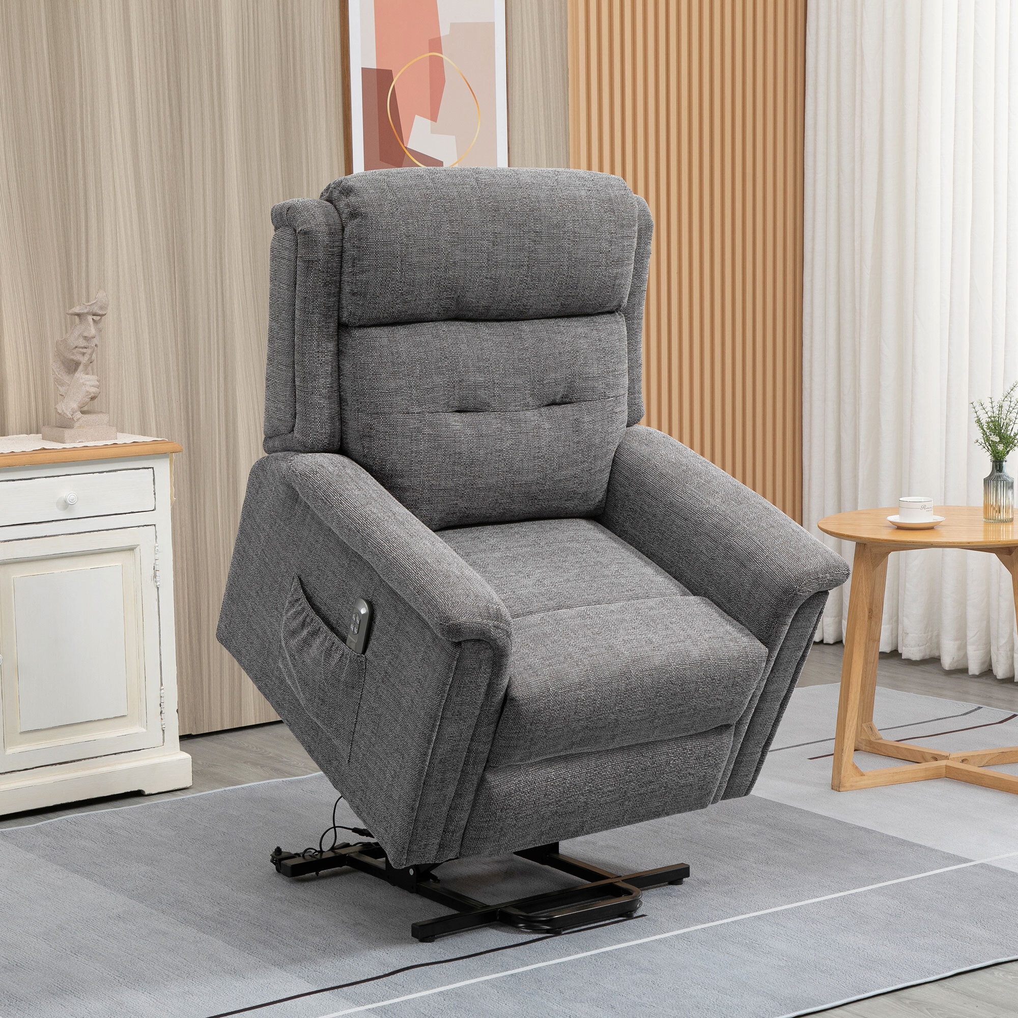 Fauteuil releveur électrique inclinable - repose-pied ajustable - télécommande - Fauteuil de relaxation - tissu polyester aspect lin gris chiné