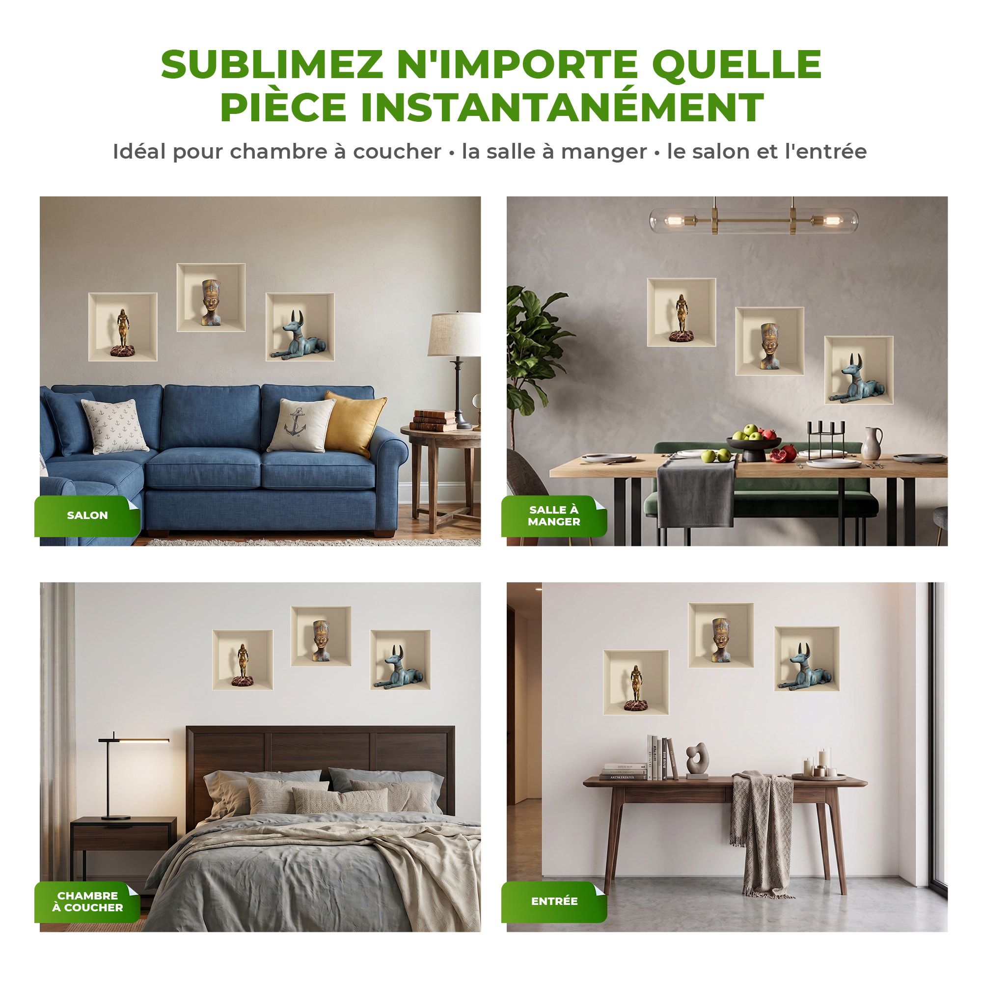 Stickers muraux 3D | Sticker Mural Autocollant effet 3D Egypte statues et vases - Stickers adhésifs 3D Chambre Salon Trompe l'oeil