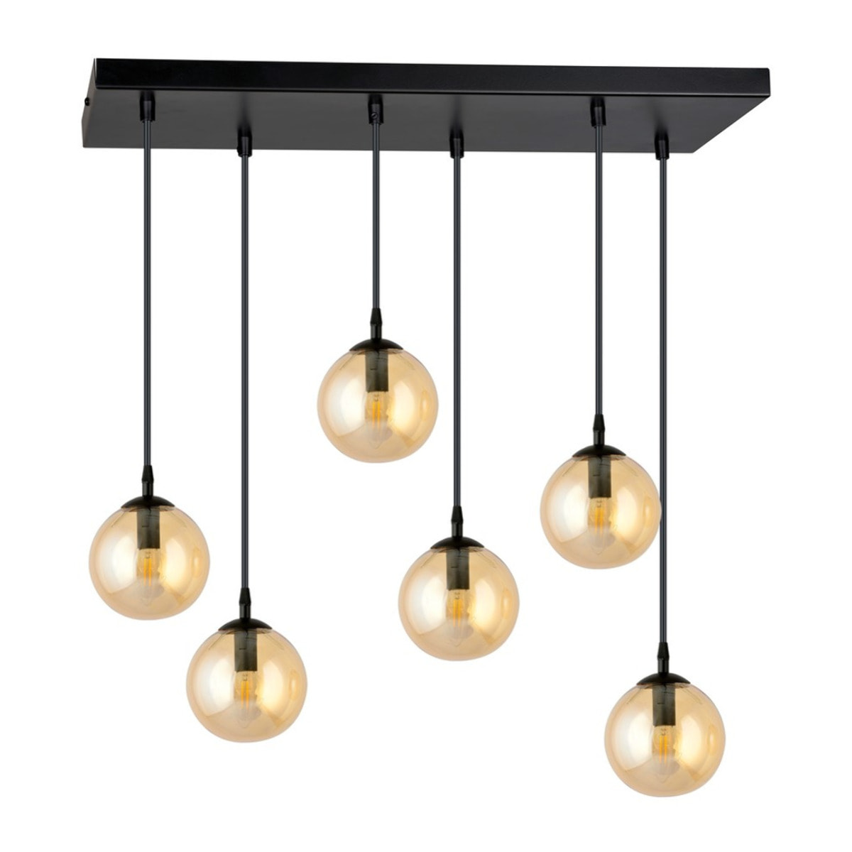 Lampada a sospensione Cosmo in acciaio nero con diffusori in vetro ambrato