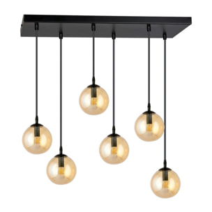 Lampada a sospensione Cosmo in acciaio nero con diffusori in vetro ambrato