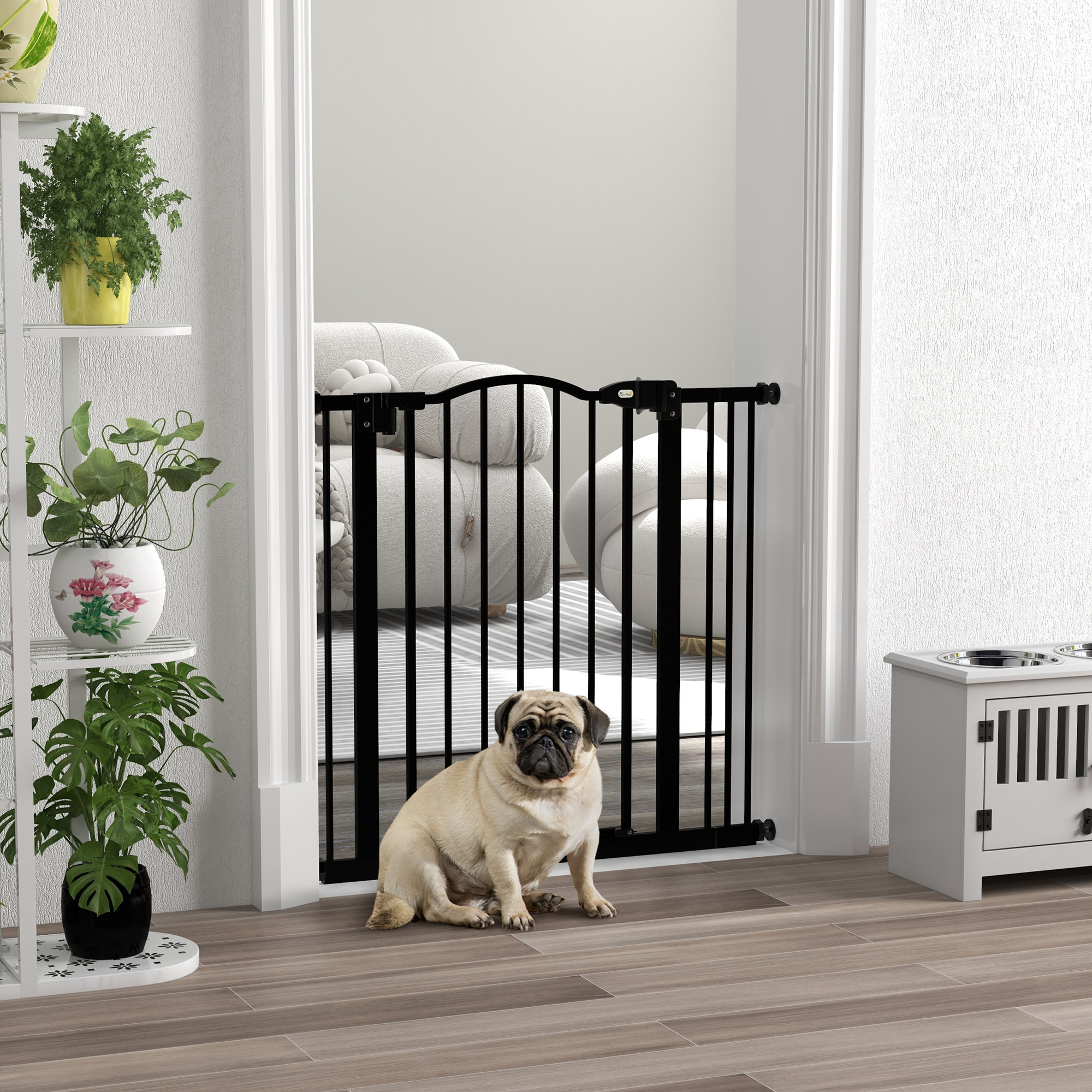 Barrera de seguridad para Perros Extensible 74-87 cm, para Puertas y Escaleras, Barrera para Perros con Extensión 7 cm, Montaje a Presión y Doble Bloqueo, Negro