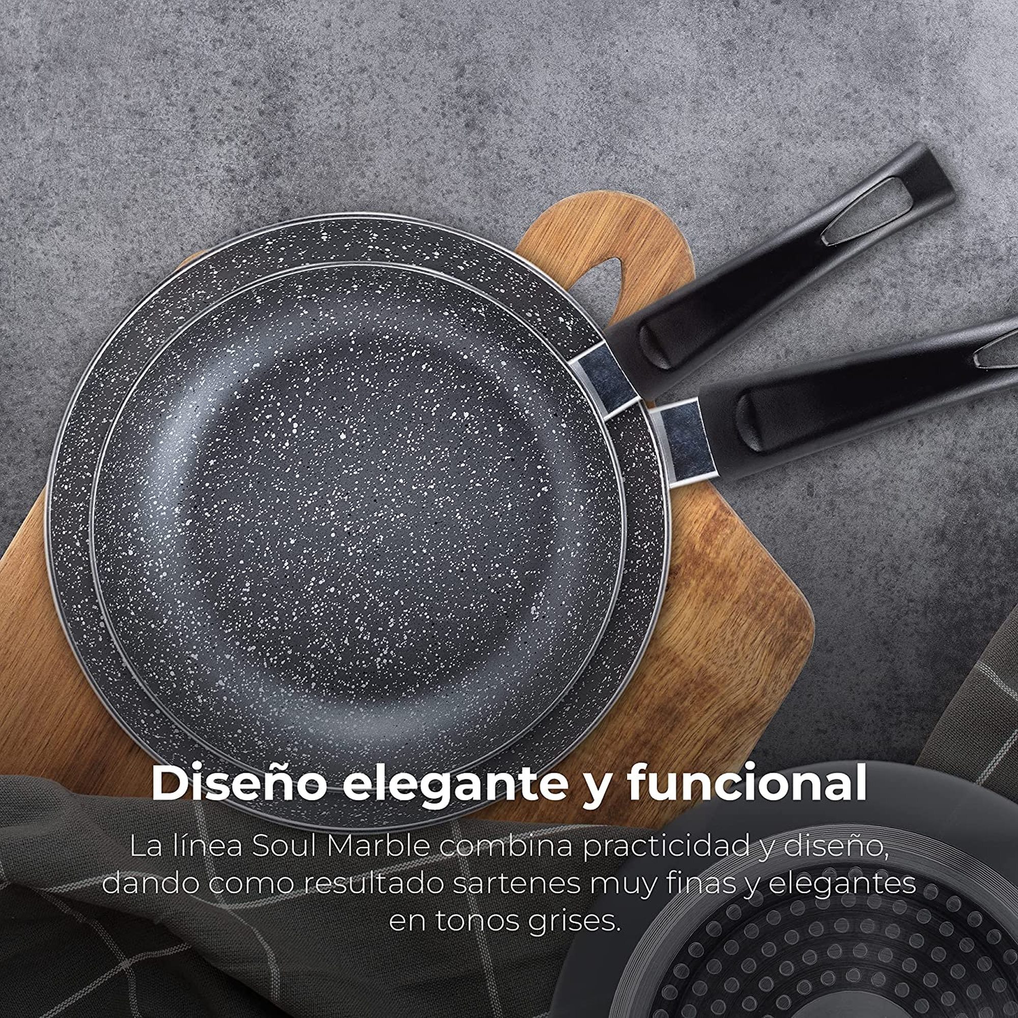 Set 3pc sarten (16+20+24cm) aluminio prensado ind negra soul marble