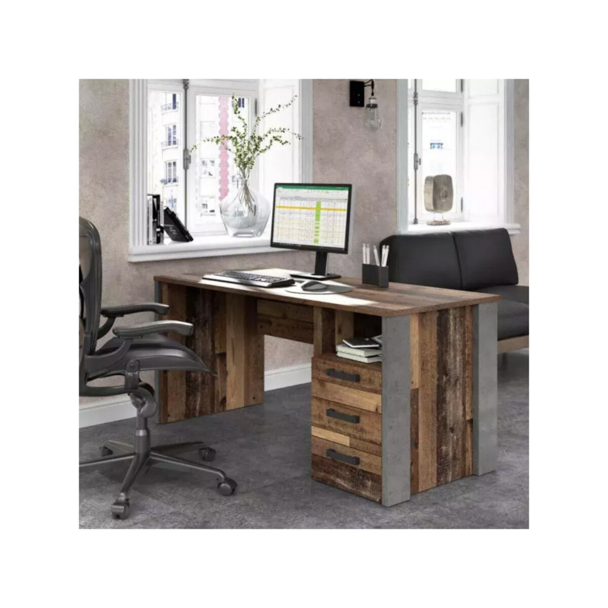 Bureau industriel 160 cm bois vieilli et béton gris avec rangements - FRED
