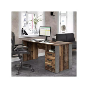 Bureau industriel 160 cm bois vieilli et béton gris avec rangements - FRED