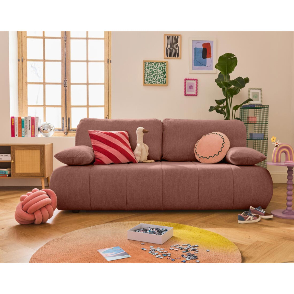 Harper - canapé 3 places convertible avec coffre en tissu texturé - Rose