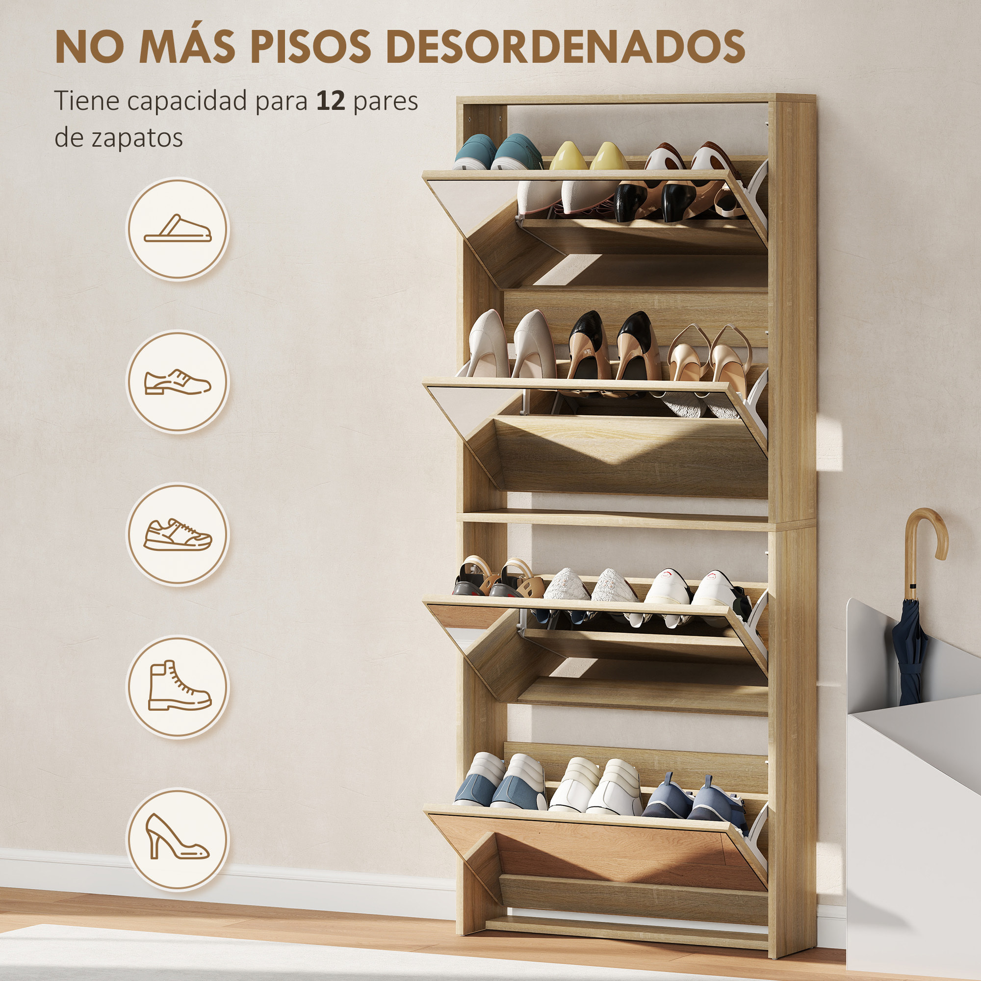 Zapatero Estrecho con Espejo, 4 Puertas Abatibles, Zapatero Entrada Recibidor para 12 Pares de Zapatos, para Pasillo, Espacios Reducidos, 63x17x146 cm, Natural