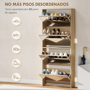 Zapatero Estrecho con Espejo, 4 Puertas Abatibles, Zapatero Entrada Recibidor para 12 Pares de Zapatos, para Pasillo, Espacios Reducidos, 63x17x146 cm, Natural