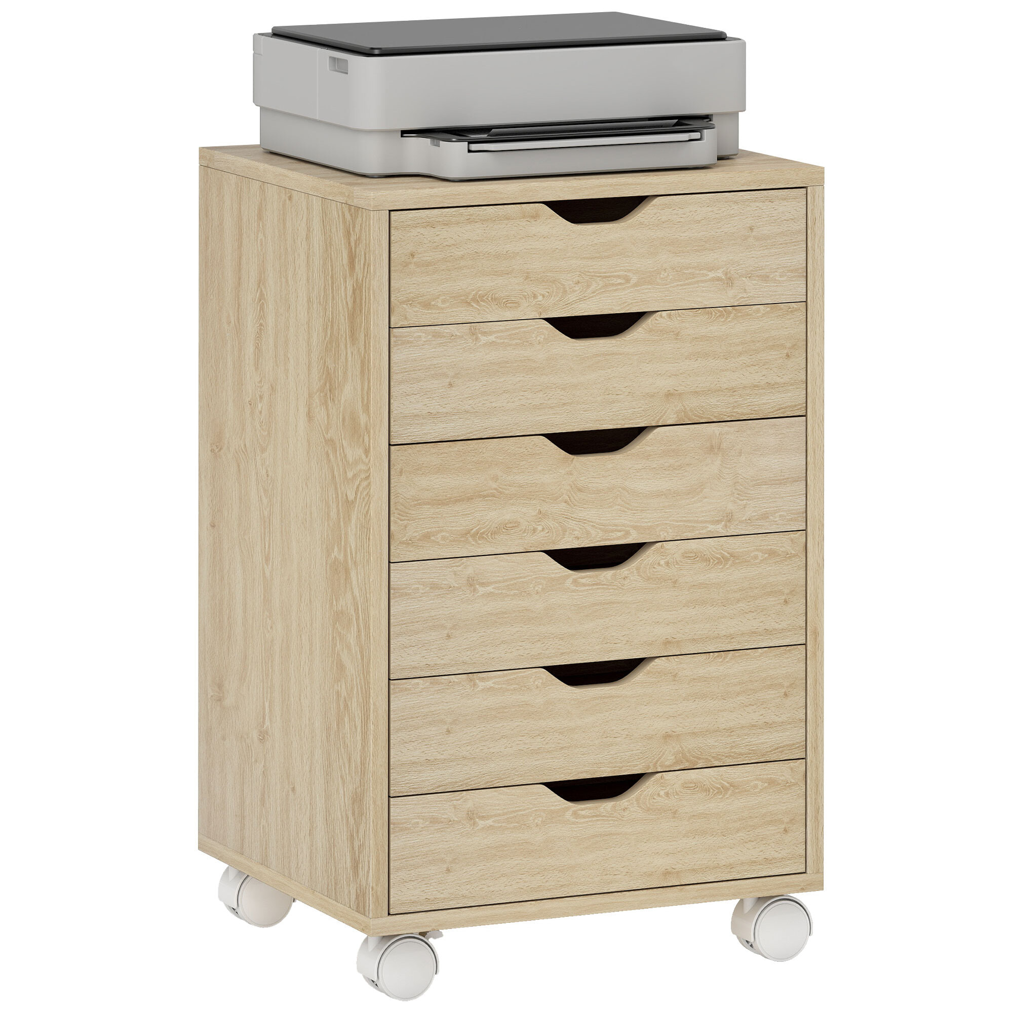 Cajonera Escritorio, Archivador Móvil con 6 Cajones, Soporte para Impresora con Ruedas, Guías Deslizantes Silenciosas, para Oficina, Casa, Roble
