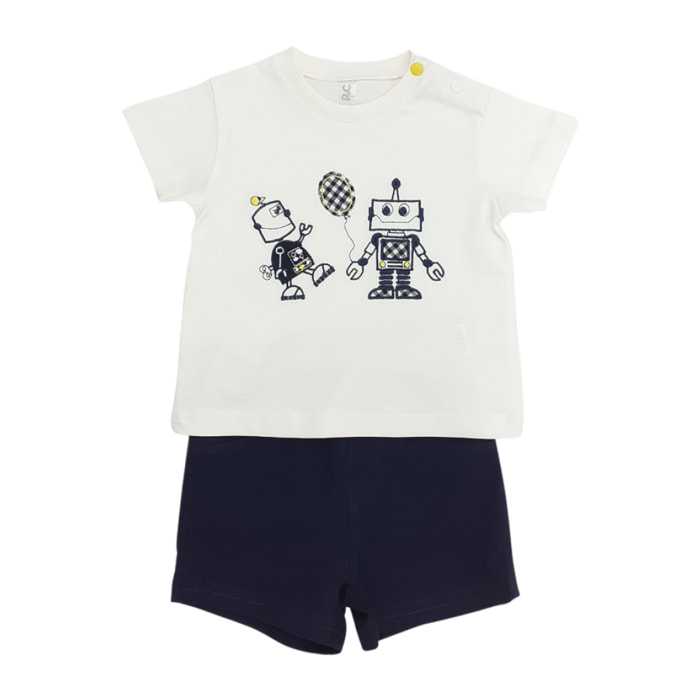COMPLETO COMPOSTO DA TSHIRT GIROCOLLO BIANCA CON PERSONALIZZAZIONE ROBOTTINI E DETTAGLI A CONTRASTO GIALLI E SHORT IN JERSEY DI COTONE BLU CAPO ADATTO ALLA STAGIONE PRIMAVERA/ESTATE