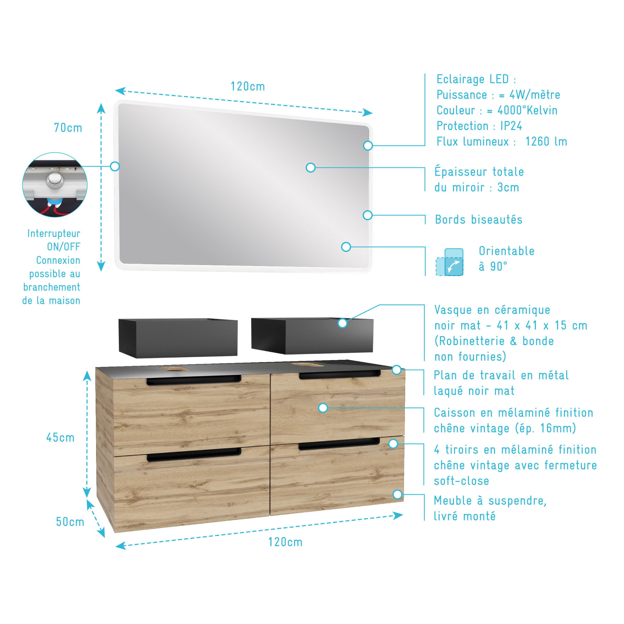 Meuble salle de bains 120cm Chêne et noir, Vasques carrées et Miroir Led 120x70 - OMEGA