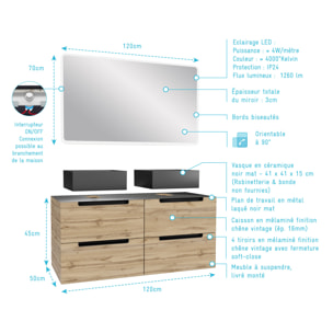 Meuble salle de bains 120cm Chêne et noir, Vasques carrées et Miroir Led 120x70 - OMEGA