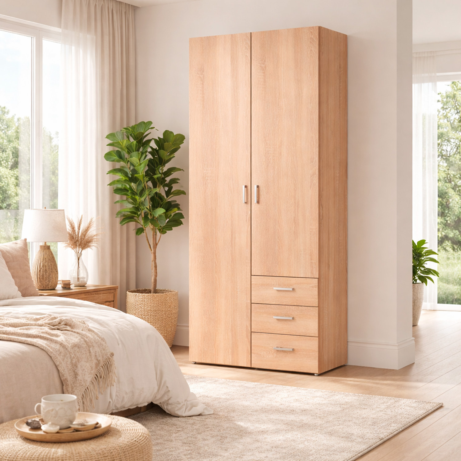 Armadio Mobile Multiuso 2 Ante 3 Cassetti Camera Da Letto Cameretta Appendiabiti E Ripiani Interni Moderno Salvaspazio 200.4 x 77.6 x 49.5 Cm Rovere