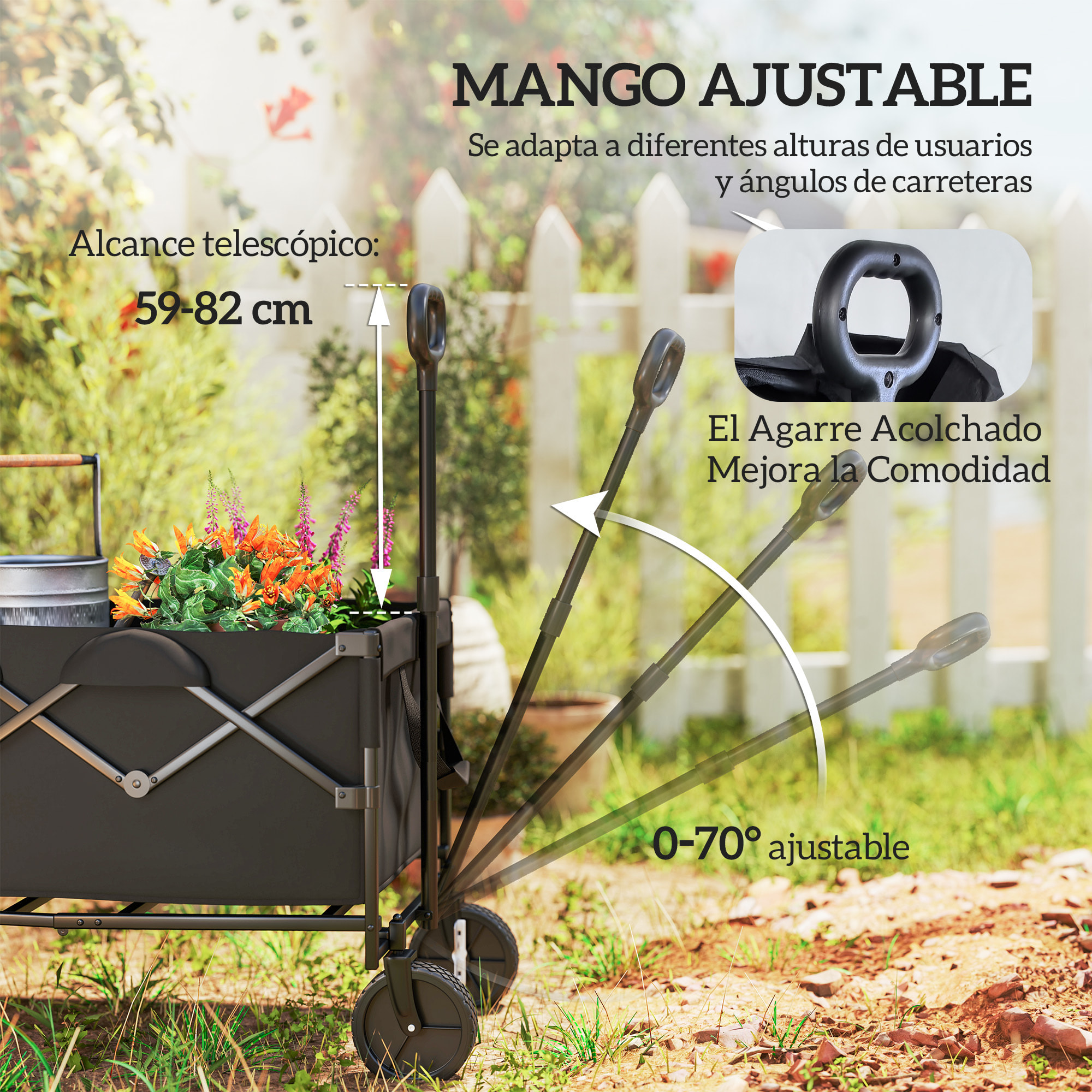 Carro Playa Ruedas Grandes Carro de Jardín Plegable con Mango Telescópico Ajustable Puerta Trasera Expandible Carga 100 kg Carrito Transporte para Todo Terreno Jardín Campaña Compra Negro