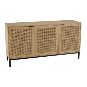MARCEAU - Buffet 3 portes cannage naturel pieds métal noir