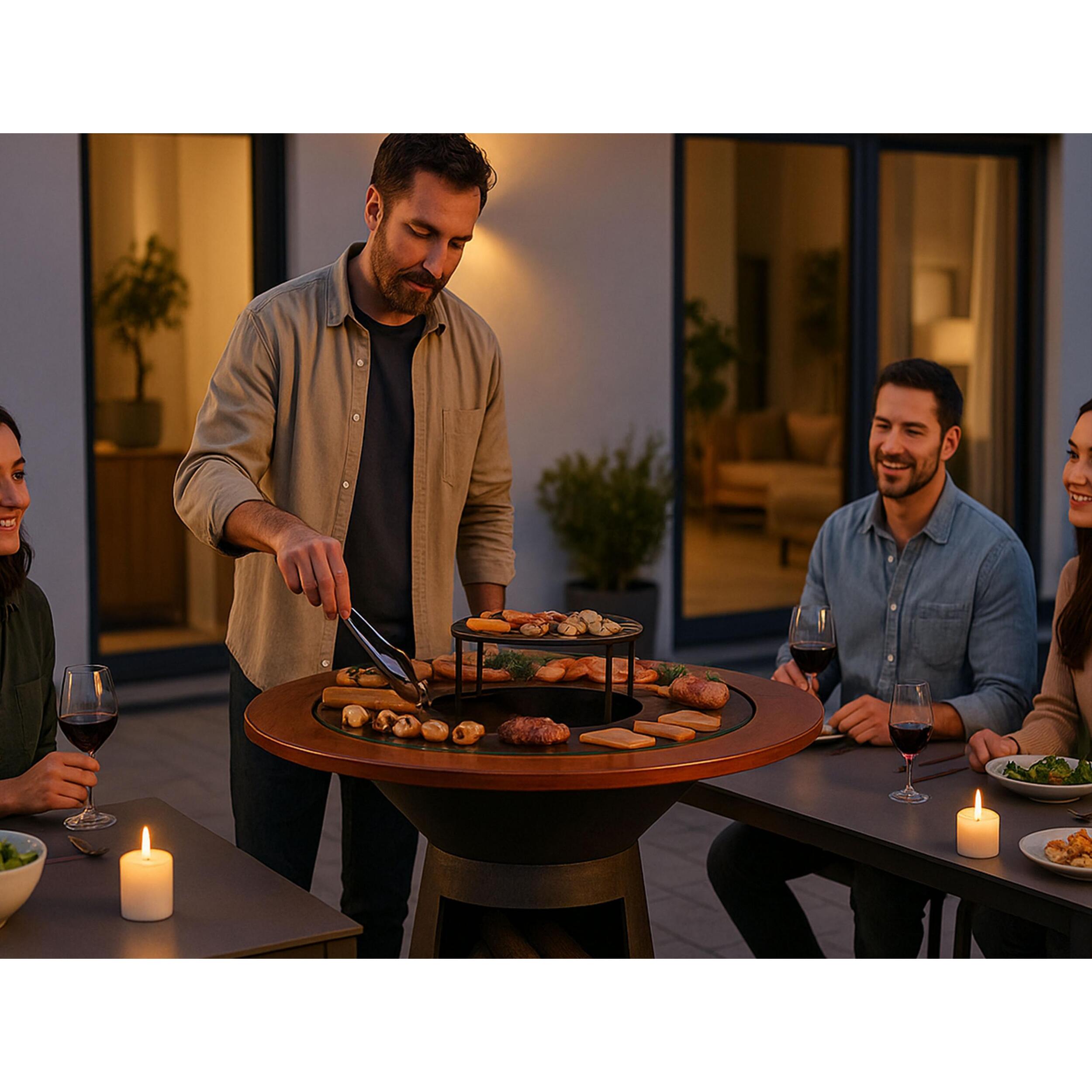 Barbecue rond avec plaque de cuisson et de gril en acier et planche en bois