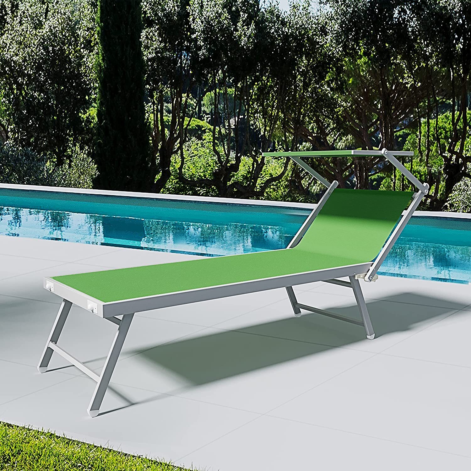 Coppia Di Lettini Prendisole Pieghevole Professionale in Alluminio e Tessuto Textilene Tettuccio Parasole Sdraio Mare Spiaggia 182x60x38 cm Verde