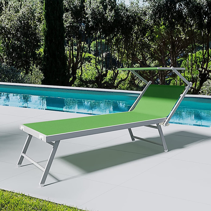 Coppia Di Lettini Prendisole Pieghevole Professionale in Alluminio e Tessuto Textilene Tettuccio Parasole Sdraio Mare Spiaggia 182x60x38 cm Verde
