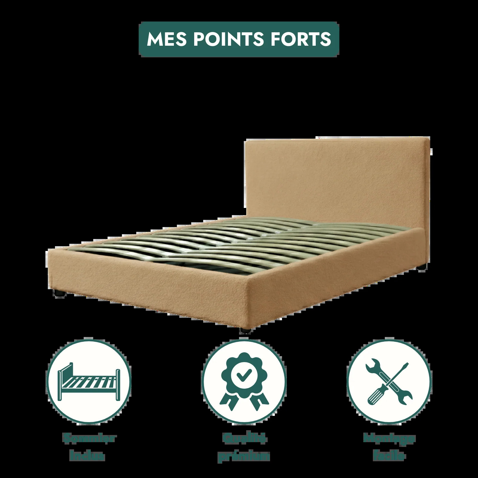 Lit coffre Colisée avec tête de lit | Robuste et confortable | Montage simple rapide | Bouclette | Camel