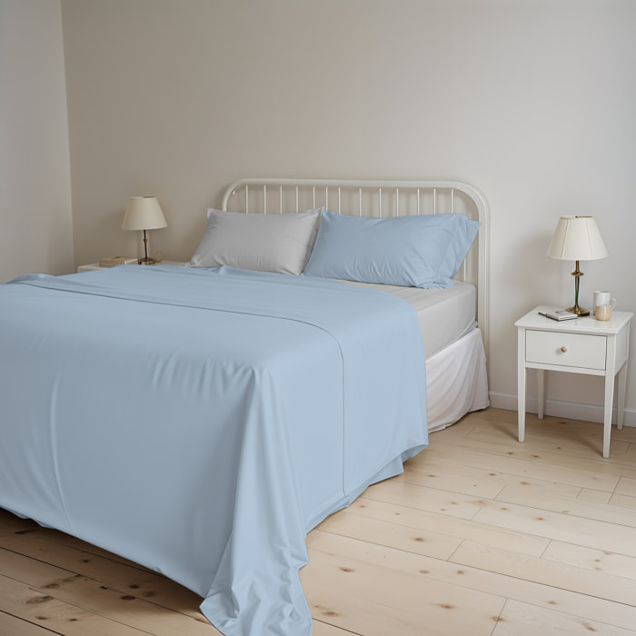 COMPLETO LETTO NATURAL COLOR, 100% Cotone, Made in Italy - AZZURRO/GRIGIO CHIARO