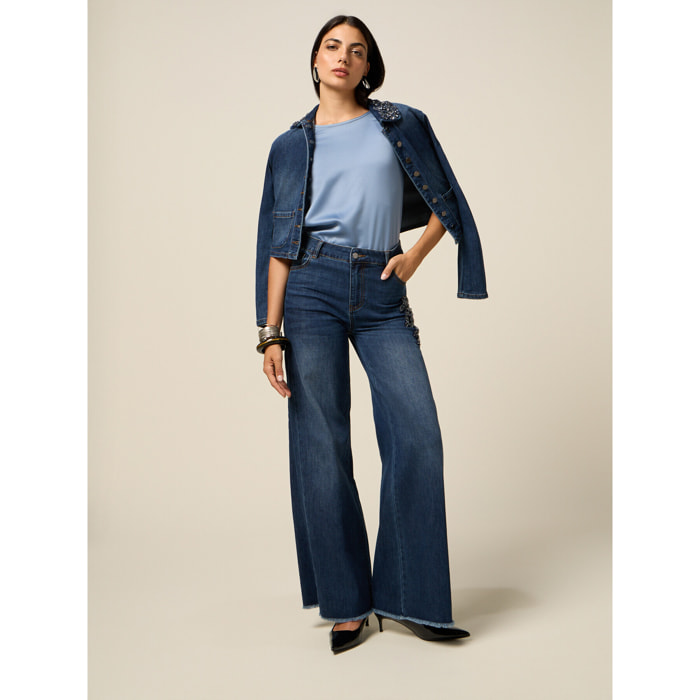 Oltre - Jeans a palazzo con patch gioiello - Blu