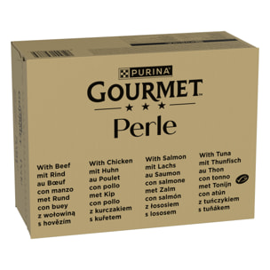 GOURMET PERLE Les Filettines en Sauce, Aliment humide pour chat adulte au Bœuf, au Poulet, au Saumon, au Thon, sachet de 85 g