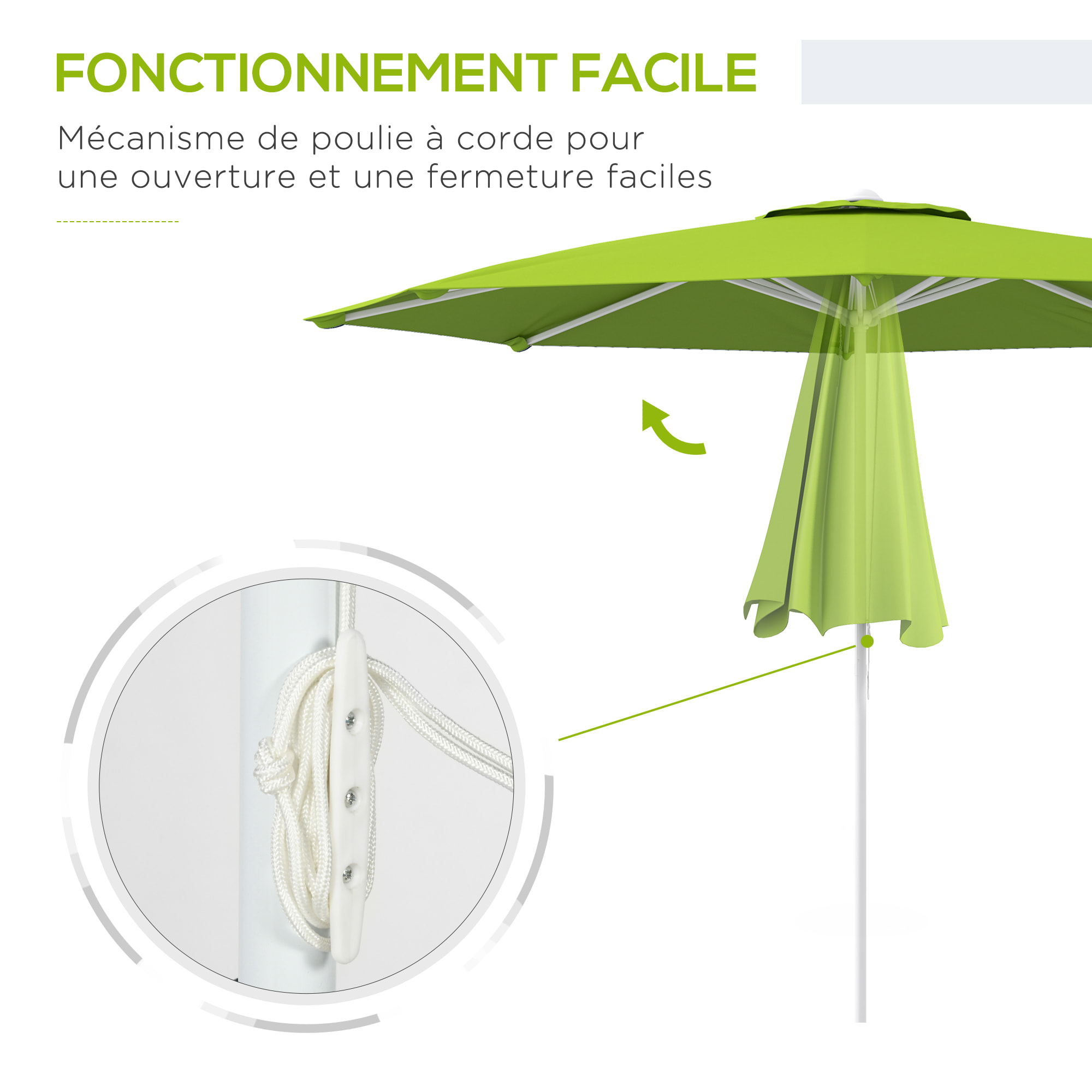 Parasol de jardin octogonal réglable Ø 292 x 242H cm métal polyester haute densité 180 g/m² vert